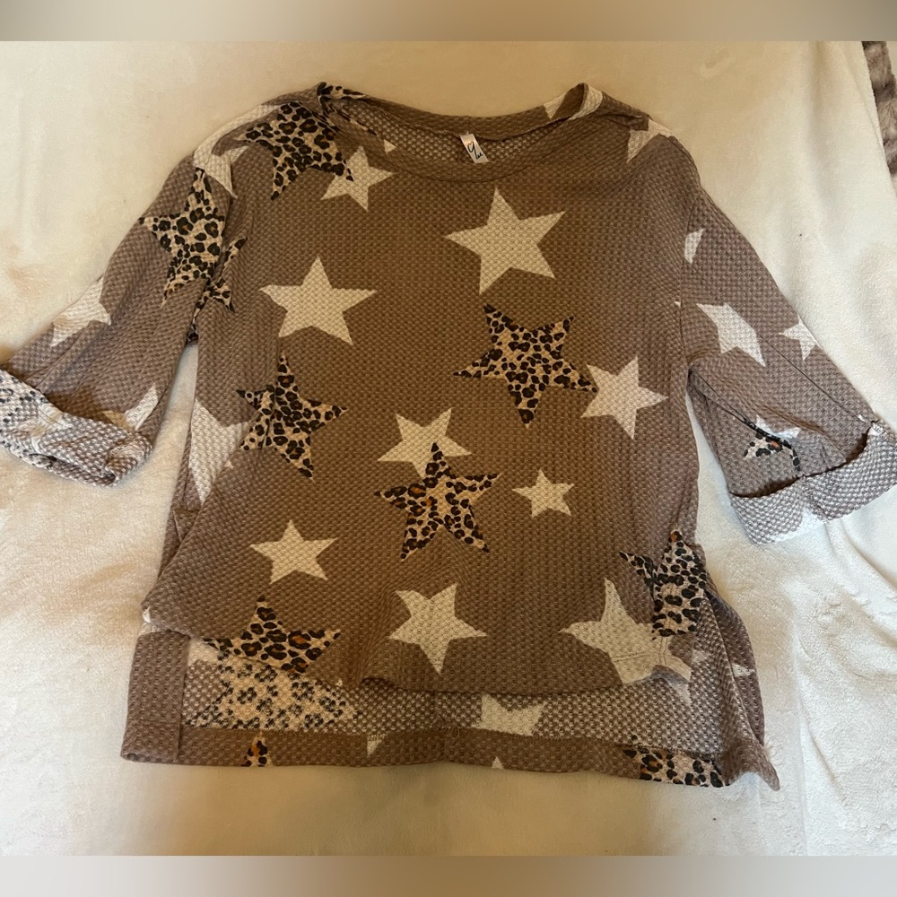 Yee Waffle knit Leopard Star Top Size S NWOT